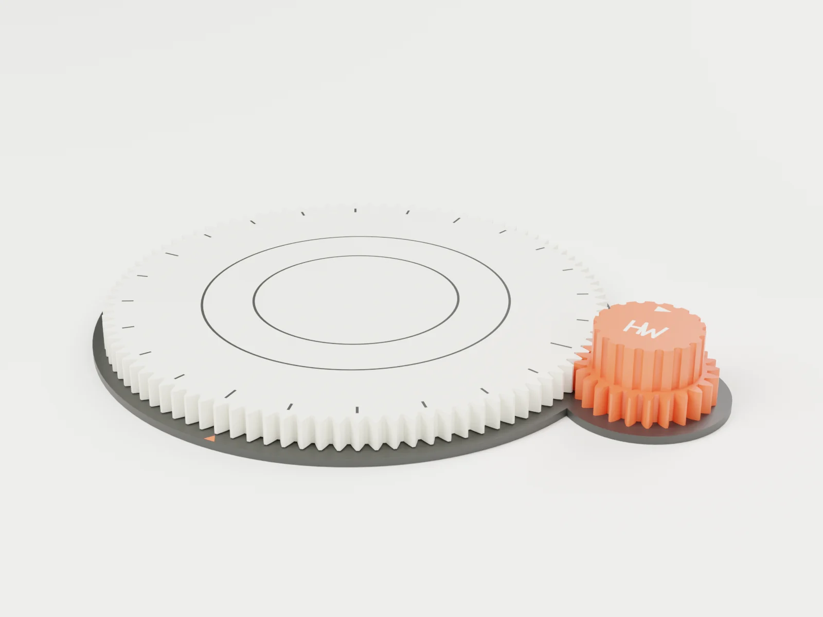 3D render of the Click-Stop Turntable: a white toothed platter with tick marks, driven by an orange knob at the side