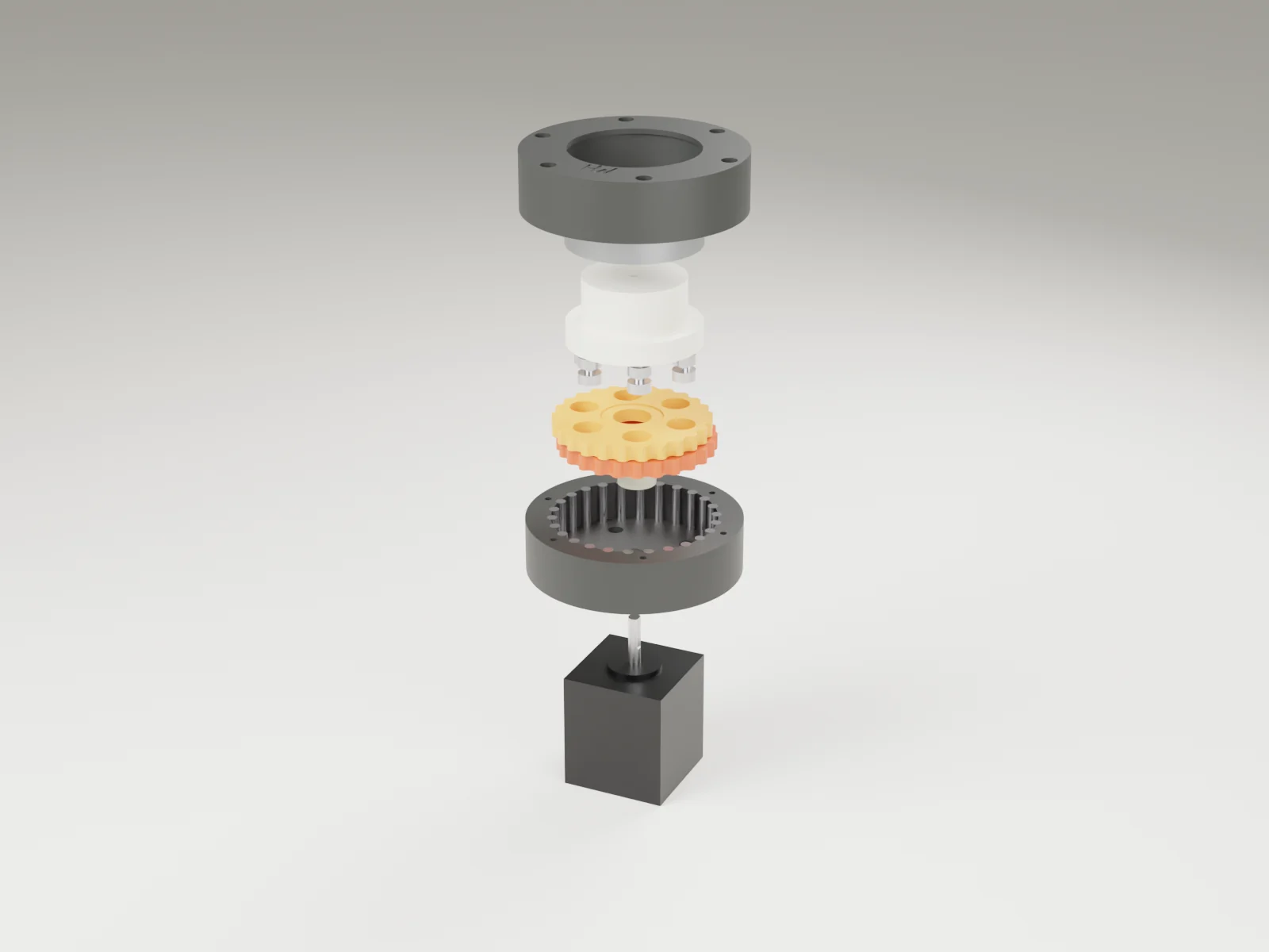 Exploded 3D render of the Cycloid Drive 25:1: motor, base with ring pins, cam, two discs, output carrier and cap