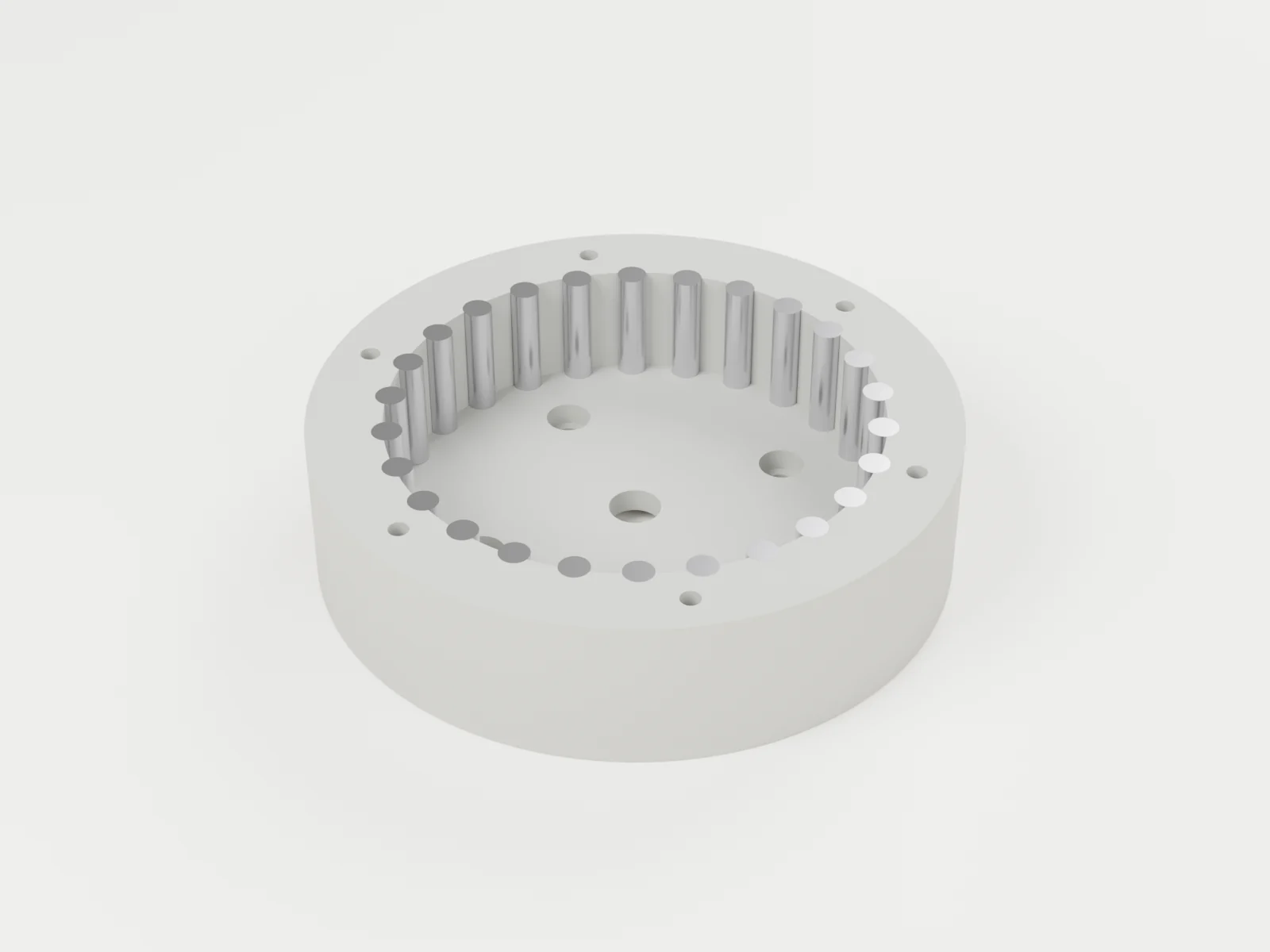 3D render of assembly step 1: press the 26 ring pins into the base