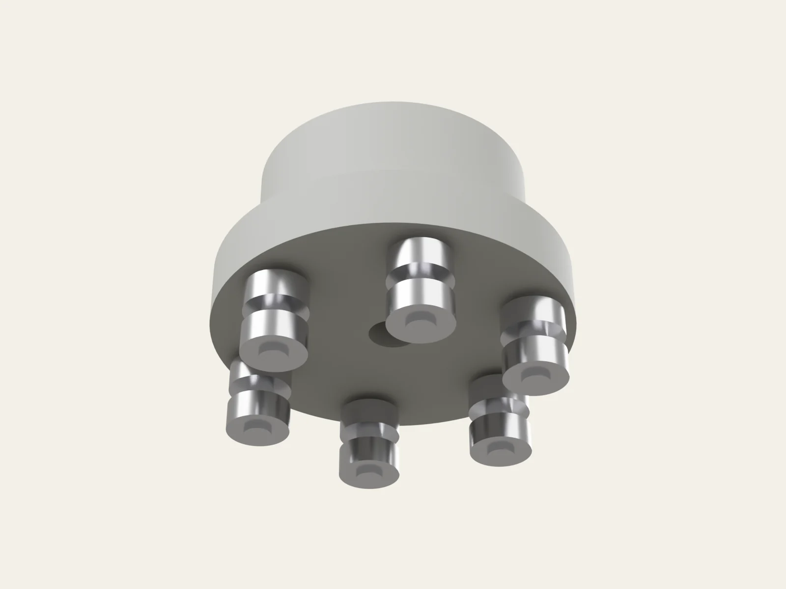 3D render of assembly step 6: press the output pins in and add the 684 rollers