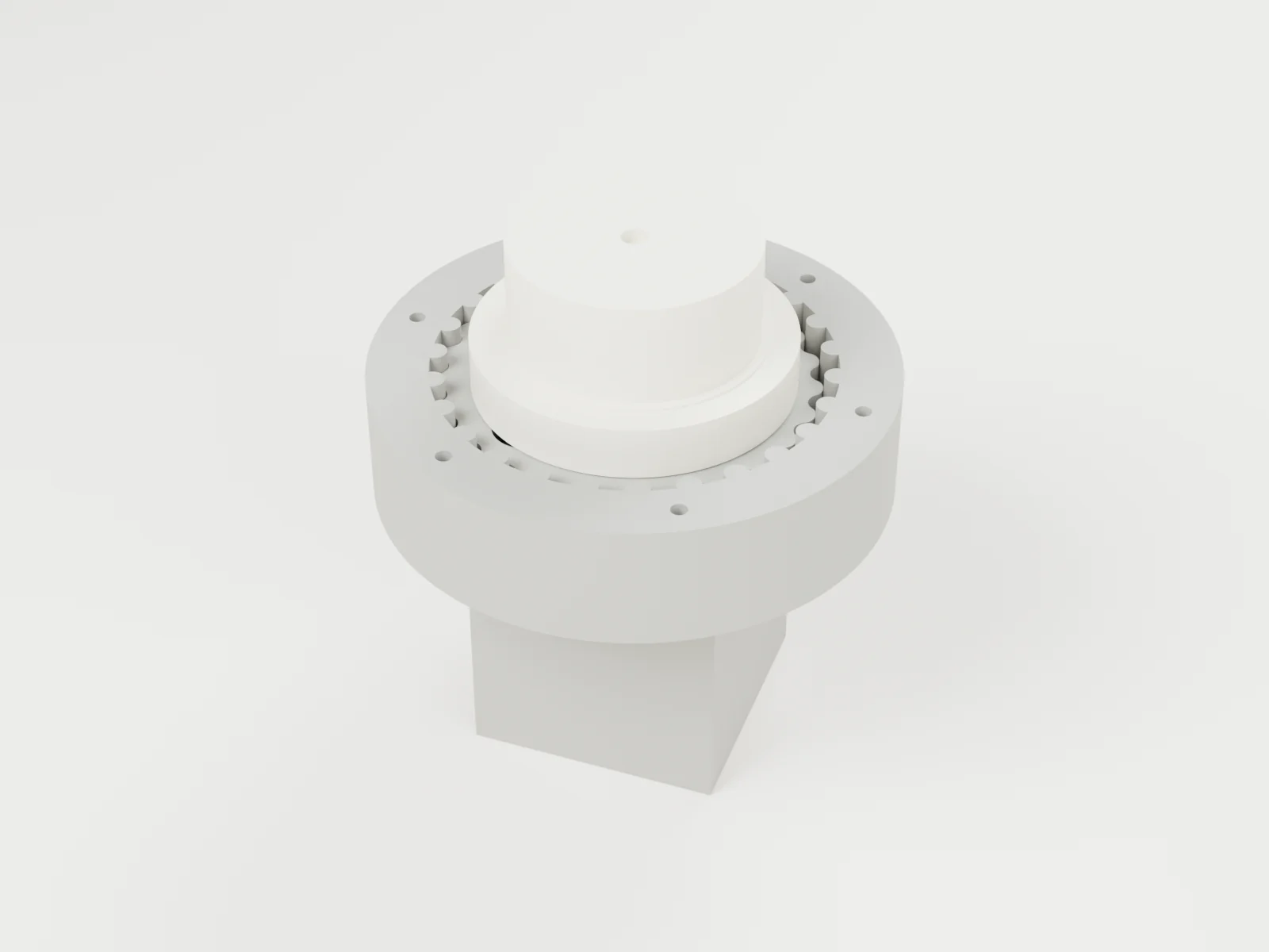 3D render of assembly step 7: lower the output carrier into the discs