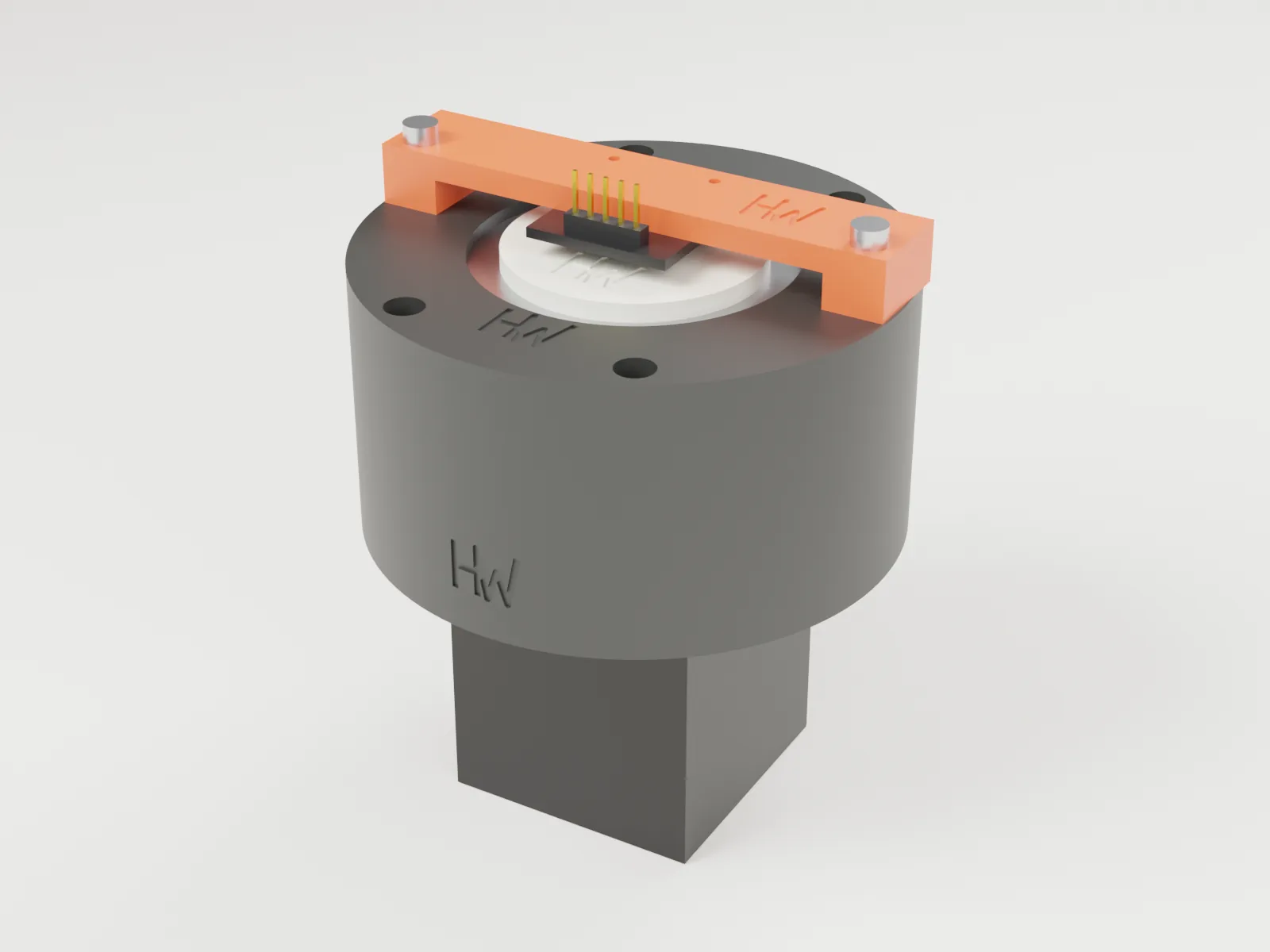 3D render of the printed MT6701 encoder bracket bridging the output of the Cycloid Drive 25:1, board under the beam