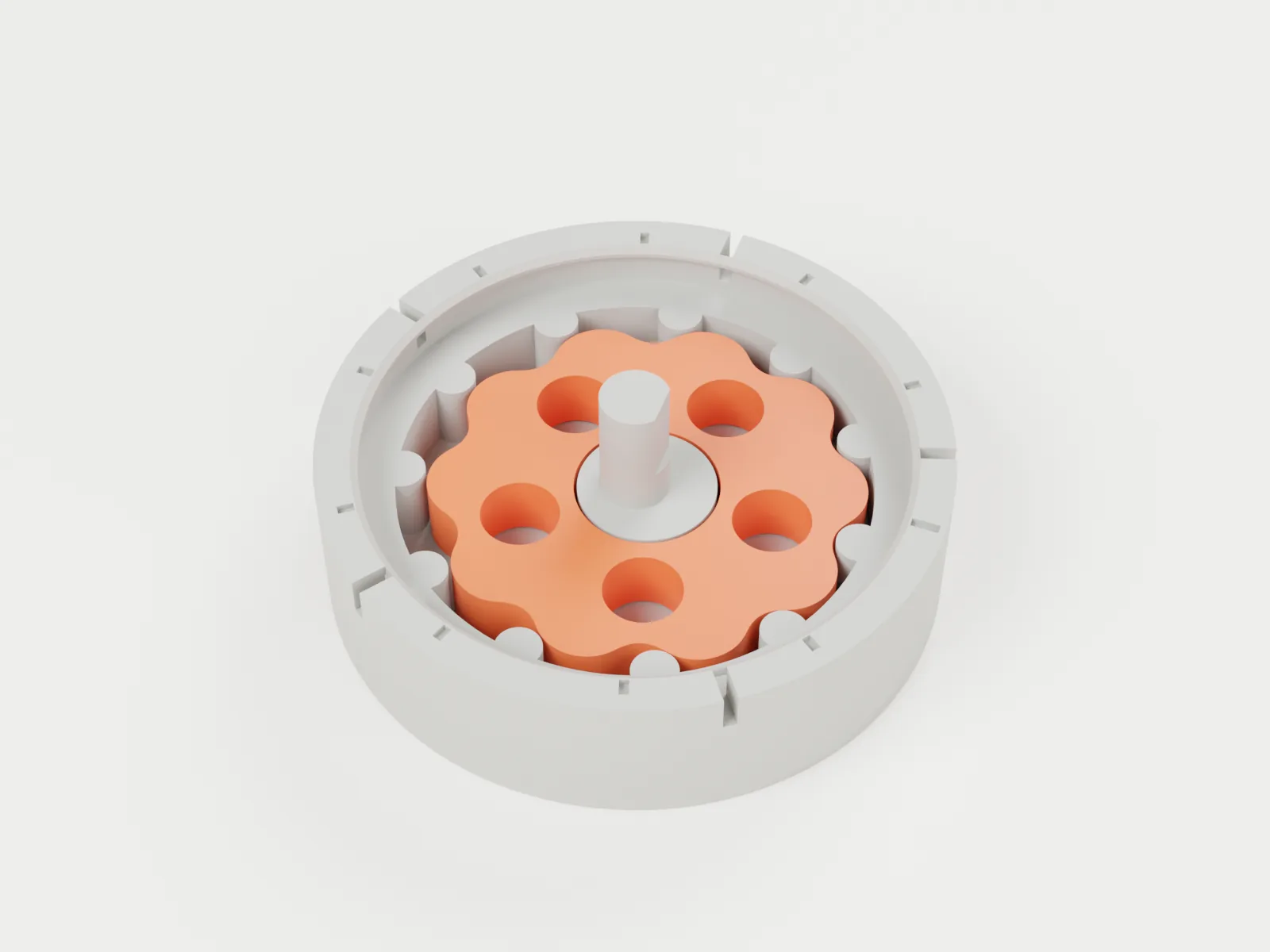 3D render of assembly step 2: disc over the cam, lobes between the posts