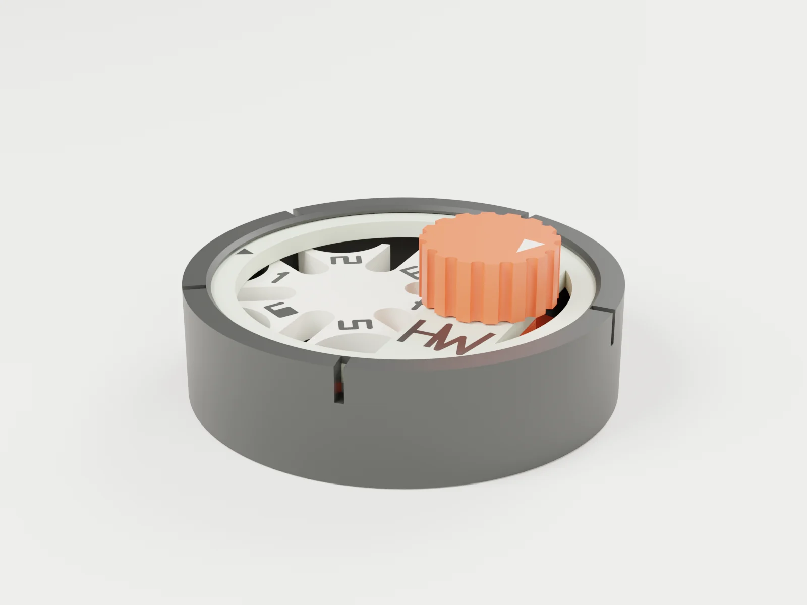 3D render of the assembled Pocket Geneva: grey base, lid with a pointer, numbered dial and orange knob