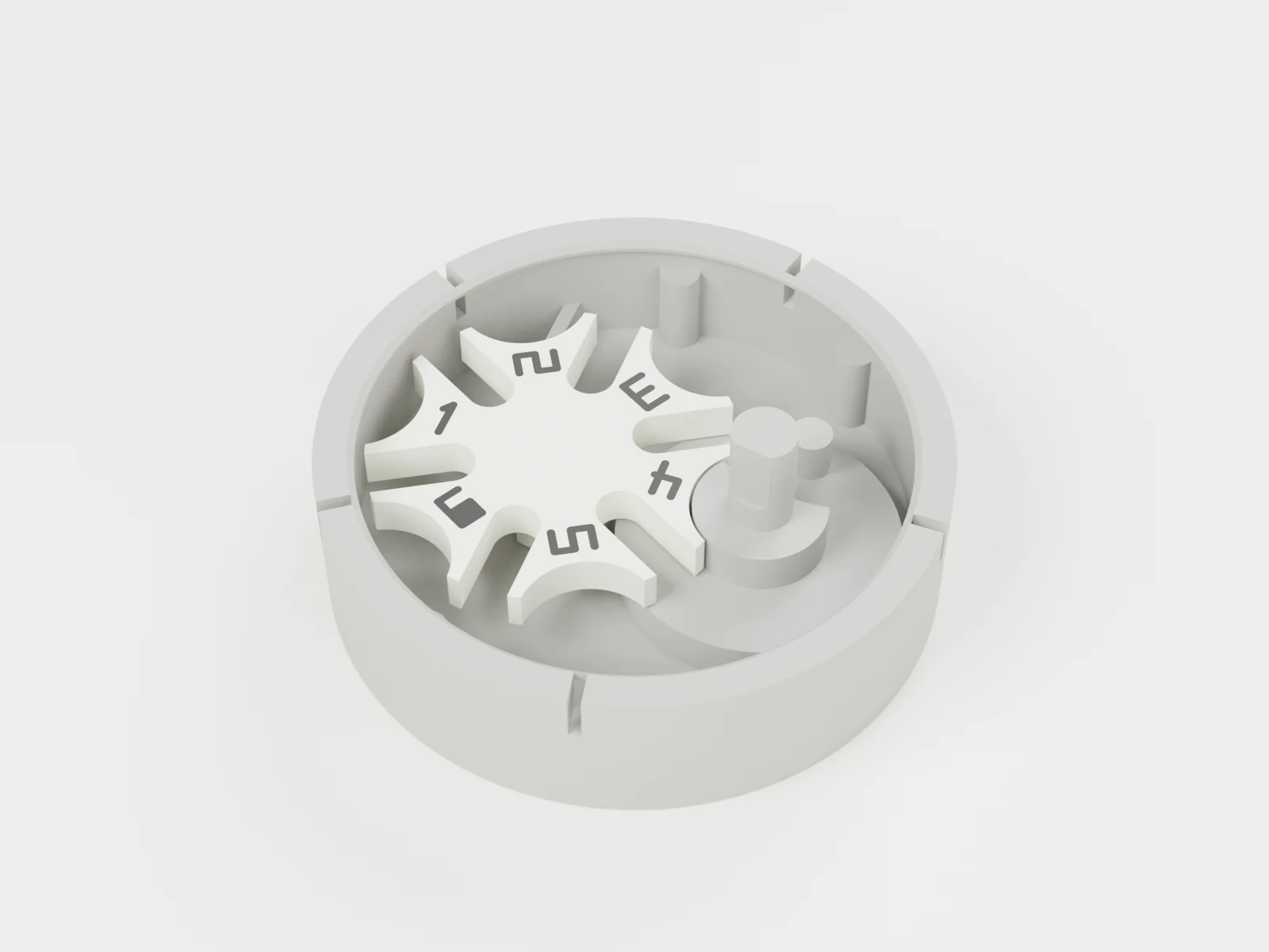 3D render of assembly step 2: dial onto its pin