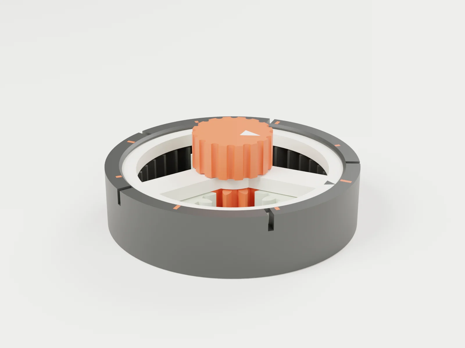 3D render of the assembled Pocket Planetary: grey ring, white dial with three spokes and an orange knob